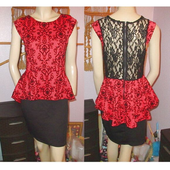 Vtg Y2K Flocked Velvet Peplum Pencil Mini Dress Size S Sheer Lace Bodycon Baddie - Picture 1 of 12